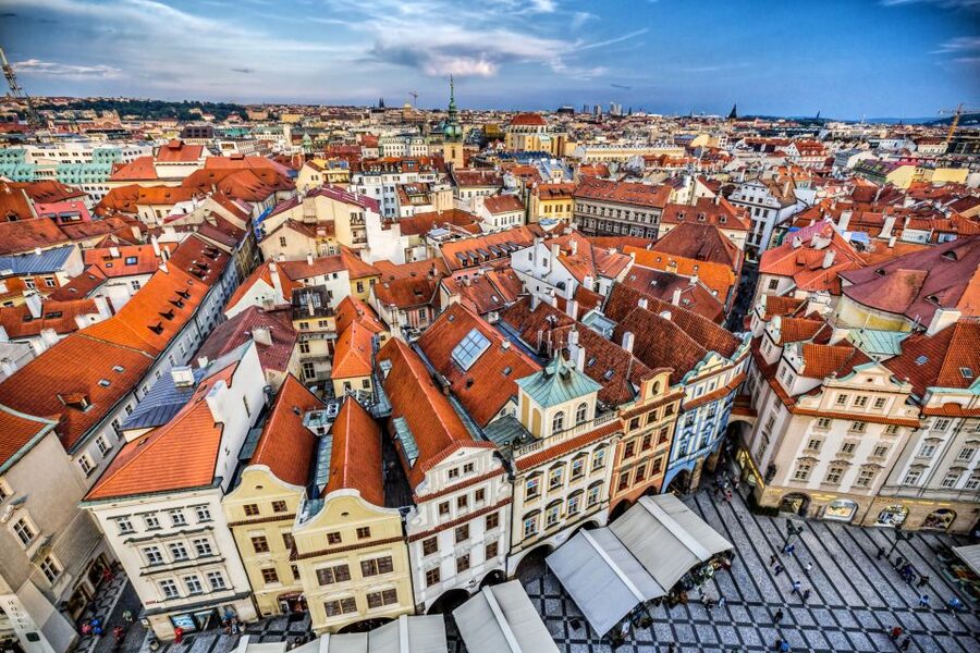 Red rooftops and Gothic towers over Prague Old Town